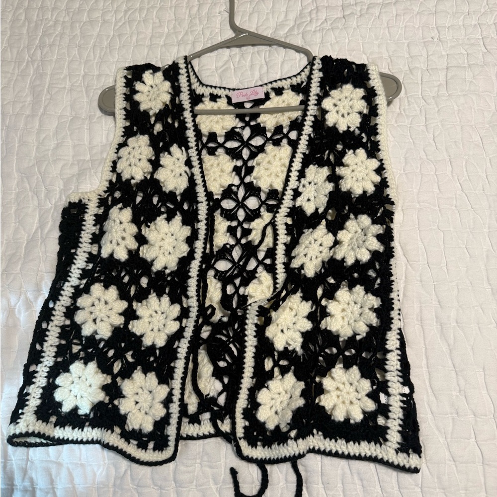 Pink Lily Black and White Crochet Vest
